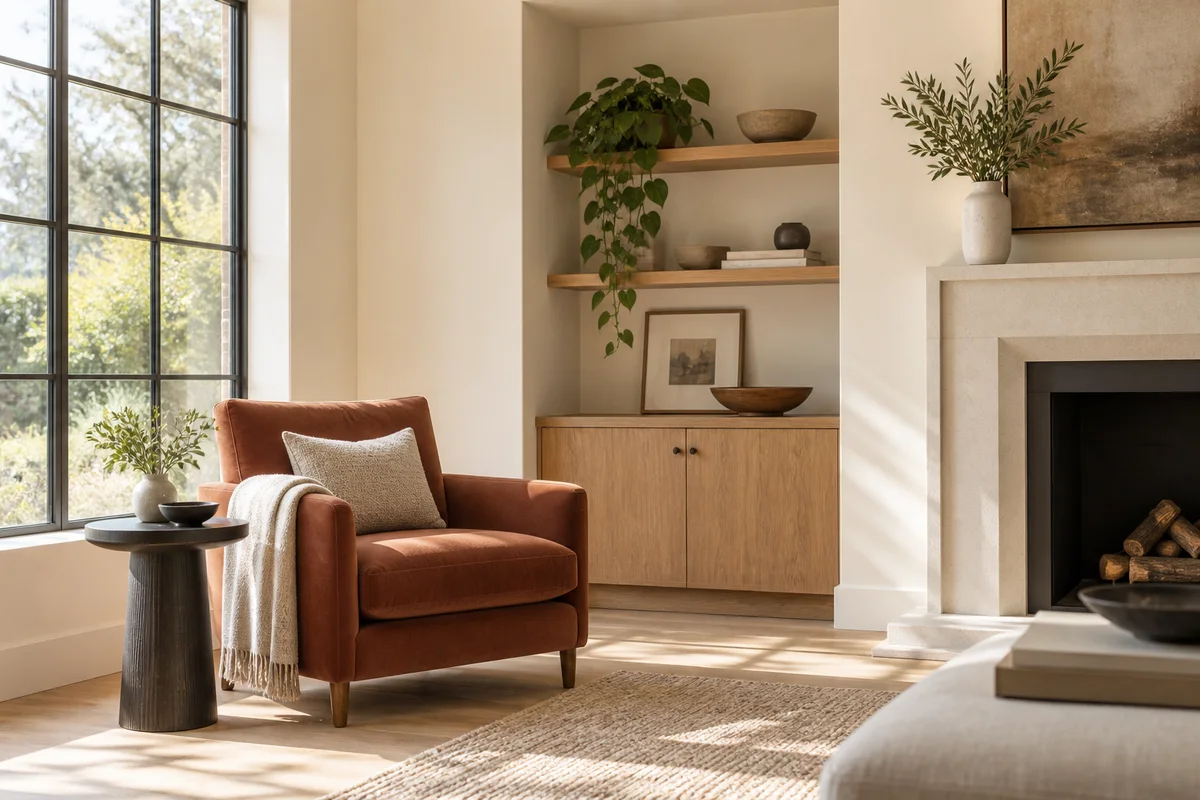 Salon lumineux, murs crème au fini mat et accents de bois naturel