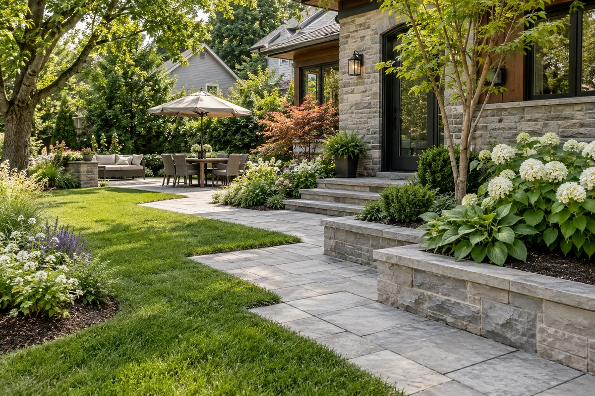 Jardin résidentiel verdoyant, terrasse en pierre et espace pour recevoir