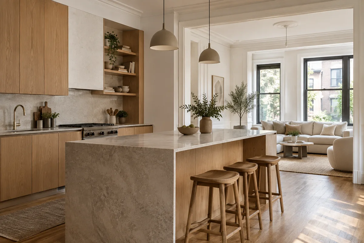 Cuisine rénovée, îlot central, rangements en bois et circulation dégagée